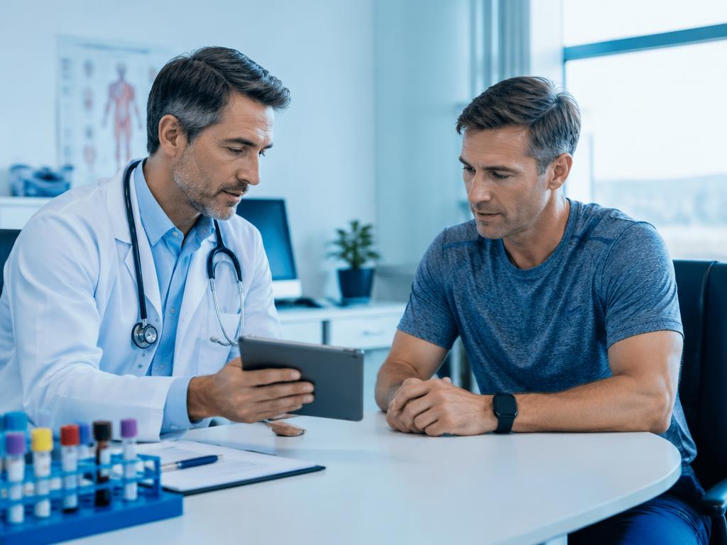Doctor discussing laboratory results on a tablet with a sporty middle-aged man